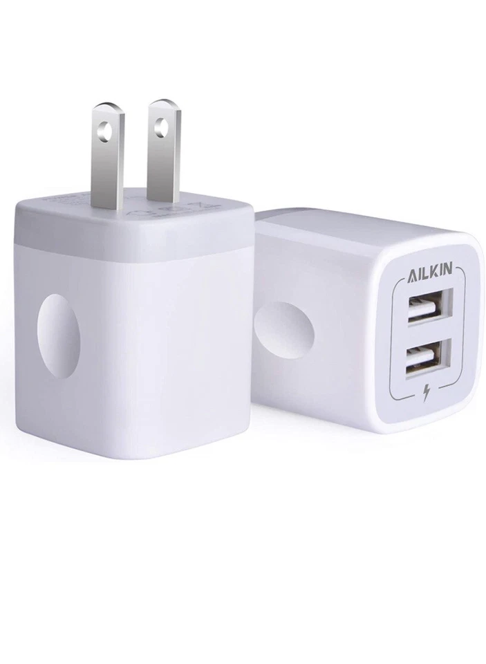 AILKIN 2-упаковка USB настенное зарядное устройство, зарядное устройство адаптер 2.1Amp двойной порт быстрый ~ белый  - Изображение 1 из 1