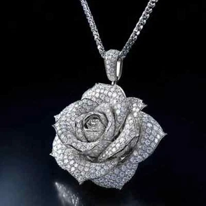 2,4 kt Rundschliff Echt Moissanit Rose Blume Charm Anhänger 14 K Weißgold plattiert - Bild 1 von 4
