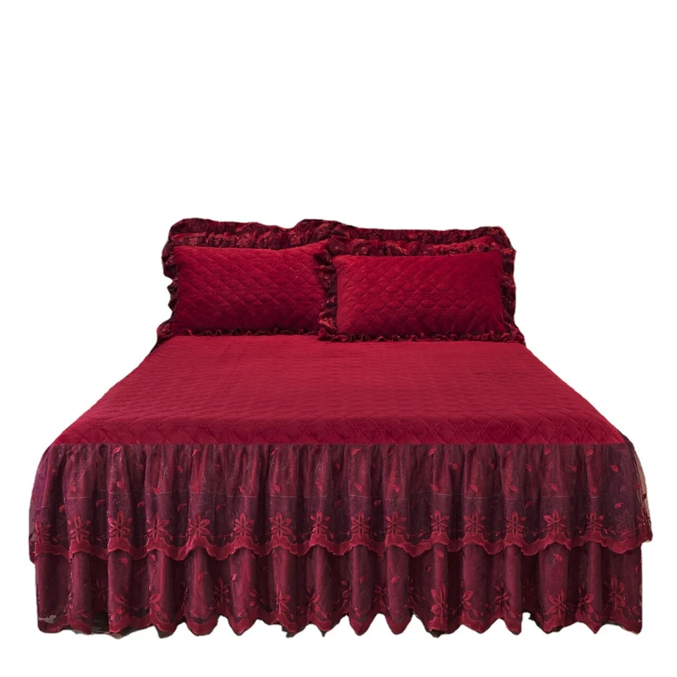 Thicken Lace Velvet Ruffle Bed Skirt Bedspread King Quilted Flower Luxury 3 Pcs - Image 1 of 4