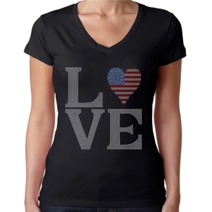 Womens T-Shirt Rhinestone Bling Black Fitted Tee LOVE USA Flag 4th of July - Picture 1 of 7