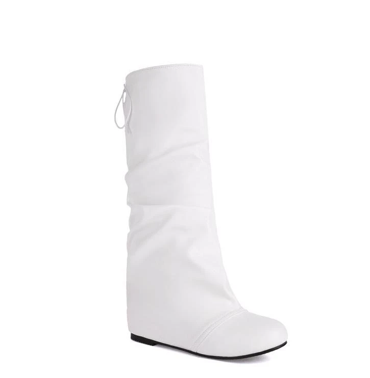 Zapatos de tacón de cuña de cuero sintético para mujer Botas de media pantorrilla con cordones Botas informales Foto 1 de 4