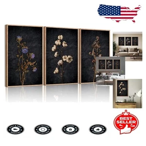 Large Black Moody Floral Canvas Triptych - Elegant Wall Art for Living Space - Picture 1 of 9