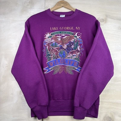 Sudadera De Colección Lake George NY Animales de Vida Silvestre Púrpura Cuello Redondo Jerzees Talla S Foto 1 de 4