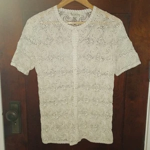 Vintage SYC Best Quality Hand Crocheted Lace Top Ivory Cream Medium Large - Picture 1 of 9