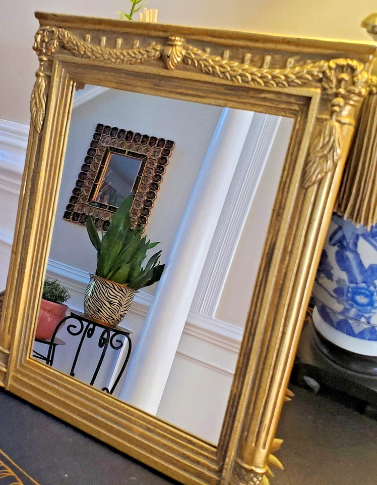 Gilded Table Top Vanity Mirror Swag Top with Columns Architectural Easel Backing - Image 1 of 4