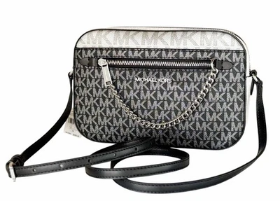 Bolso Bandolera Michael Kors Jet Set Artículo Cremallera Cadena MK Plata Brillo Negro Multi Foto 1 de 4
