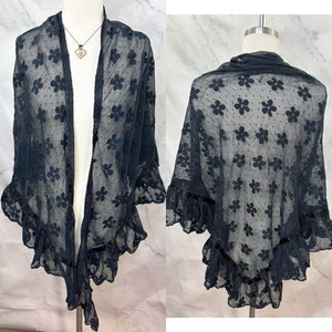 Vintage 70s 60s Lace Triangle Shawl Black Flower Mesh Gothic MOD Whimsigoth Cape - Picture 1 of 23
