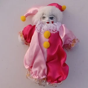Vtg Pink Porcelain Faced White Hair Jester Clown Doll 8" - Picture 1 of 6