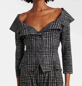 NORMA KAMALI Glen Plaid Cropped Jacket Medium 38 M Black White Off Shoulder NWT - Picture 1 of 16