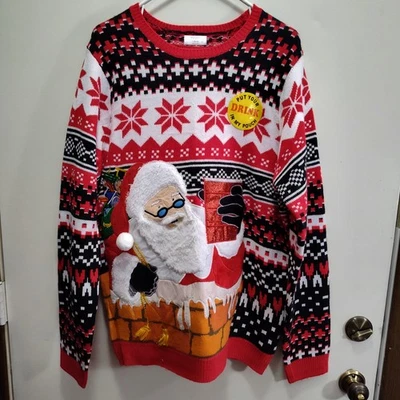 Ugly Christmas Sweater Santa Drinking Pocket Red Party Men's L Festive Chimney  - Image 1 of 4