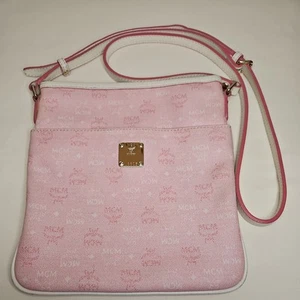 MCM Munchen Canvas/Leather Cross Body Sling Hand Bag In Pink and White U3305 - Picture 1 of 13