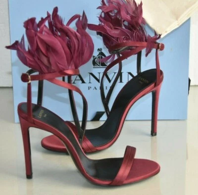 $1155 NUEVAS Sandalias Lanvin Plumas Satinadas Tacones Tirantes Rojo Carmesí Correa al Tobillo 38 Foto 1 de 4