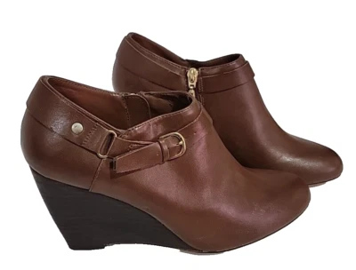 CALL IT SPRING Brown Side Zip Buckle Strap Wedge Heel Ankle Boots Size 9 M - Image 1 of 4
