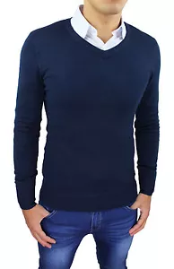 MAGLIONE UOMO SLIM FIT BLU CARDIGAN GOLFINO SCOLLO V CASUAL S M L XL XXL XXXL - Bild 1 von 3