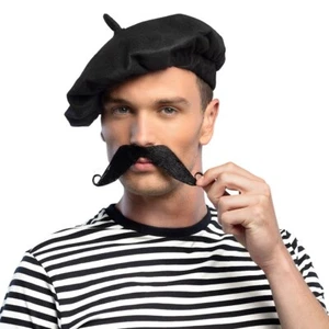 French Man Fancy Dress Set of Black Beret & Black Moustache / Tash New & Sealed - Picture 1 of 1