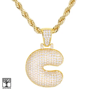 Iced CZ Custom Bubble Letter C Initial Gold Plated Pendant 24" Chain Necklace  - Picture 1 of 4