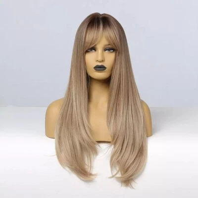 Long Off Brown Ombré Peluca Rubia Ceniza con flequillo Flecos Sintético Resistente al Calor Foto 1 de 4