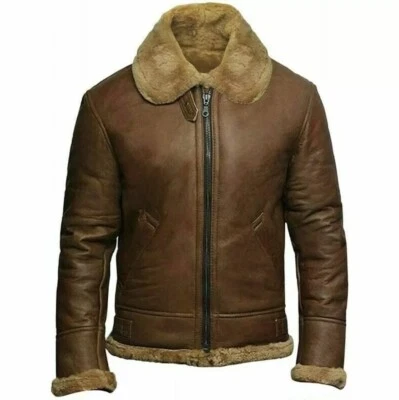 "Men's RAF B3 Bomber Jacket Real Leather Sheepskin Aviator Flight Shearling Coat - Image 1 of 4