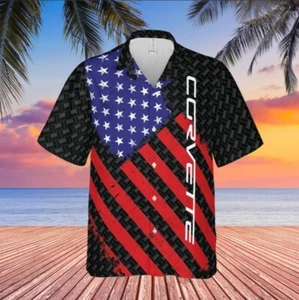 Corvette C6 American Flag Hawaiian Shirt for Men Button Down Patriotic Apparel - Picture 1 of 2