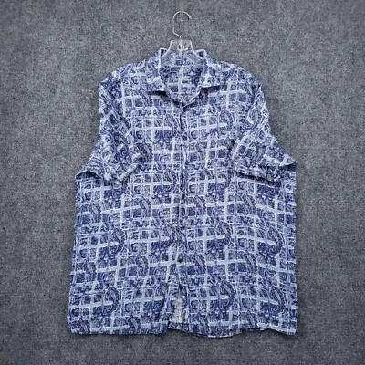Camisa Tasso Elba Hombre L Grande Azul Lino Paisley Abotonada Campamento Manga Corta Foto 1 de 4