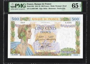 France 500 Francs P95b 1941-43 PMG65 Gem UNC EPQ Banknote French BEAUTIFUL LARGE - Picture 1 of 2