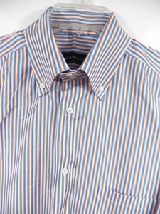 CAMISA DE VESTIR DE LUJO CANALI PARA HOMBRE 16.5 GRANDE 35 AZUL NARANJA A RAYAS HECHA EN ITALIA - Imagen 1 de 6