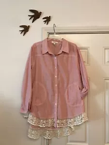 Umgee Red and White Striped Button Down Shirt with Lace Trim Size XL ~ High Low - Picture 1 of 9