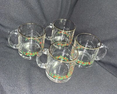 Juego de tazas de café transparentes vintage de Navidad/4 bordes dorados EE. UU. Holly Berry Foto 1 de 4