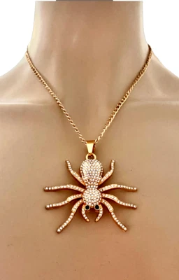 Golden Spider Statement Pendant Necklace Clear Rhinestones Animal Jewelry - Image 1 of 4