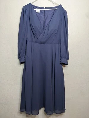 LanTing Bride Midi Dress Long Sleeve Wedding Purple Blue Lined Bridesmaid V Neck - Image 1 of 4