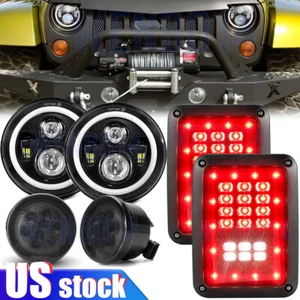 Angel Eyes 7" LED Headlights Turn Tail Lights Combo For Jeep Wrangler 07-17 - Picture 1 of 23