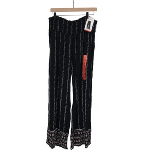 Three Dots Wide Leg Pants Womens Medium Black Floral Border Smocked Waist #M - Picture 1 of 14