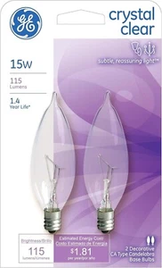 GE 48396 2 Pack Crystal Clear Bent Tip 15 Watt Decorative Candelabra Light Bulbs - Picture 1 of 4