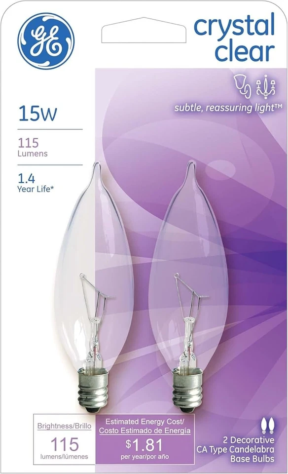 GE 48396 2 Pack Crystal Clear Bent Tip 15 Watt Decorative Candelabra Light Bulbs - Image 1 of 4