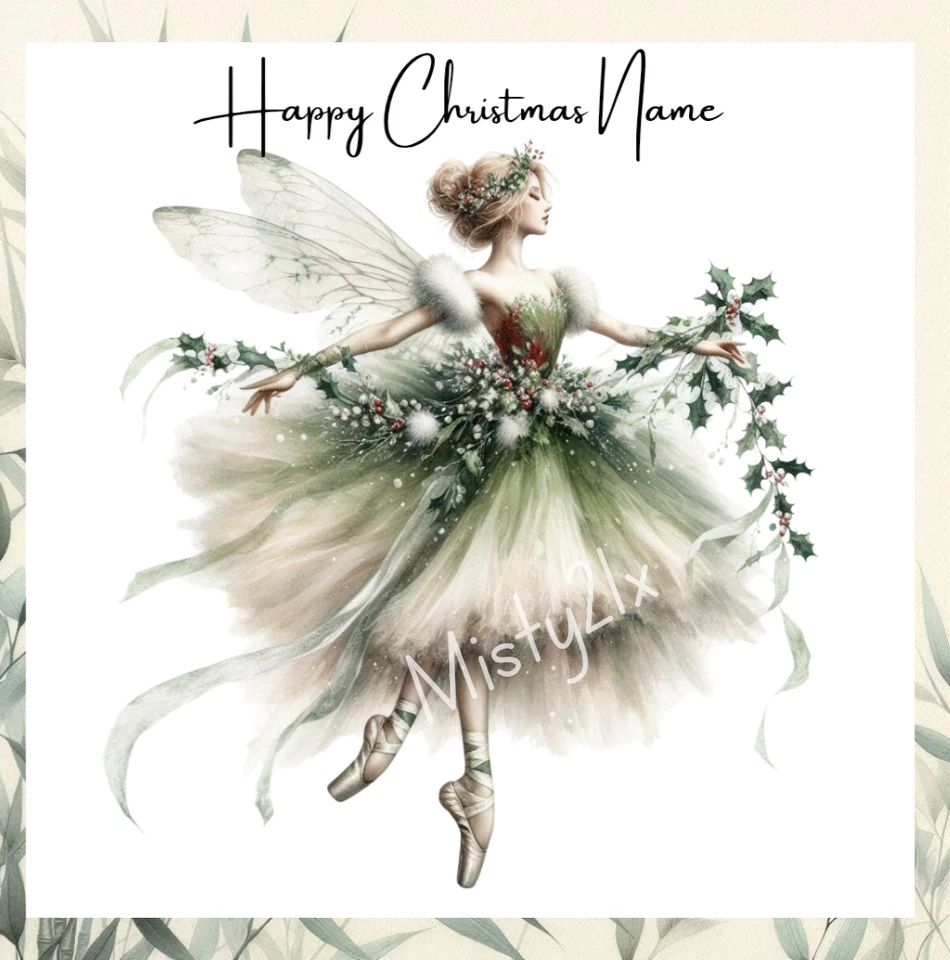 Personalised FAIRY Christmas Greeting Card Angel Wings XMAS BALLERINA Holly - Image 1 of 1