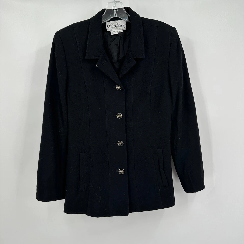 Blazer Oleg Cassini Mujer Negro Lana Talla 12 A Medida Minimalista Clásico Oficina Foto 1 de 4