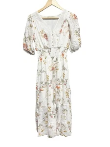 J Gee Poof Sleeve Maxi Midi Dress White Floral Button Up Boho Size Small - Picture 1 of 9