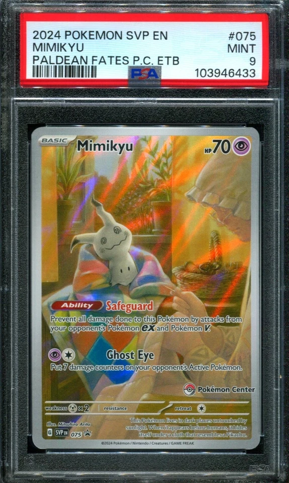 PSA 9 Mimikyu SVP 075 Paldean Fates ETB POKEMON CENTER EXCLUSIVE Promo Card - Image 1 of 1