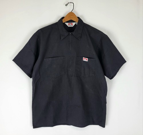 Vintage 90s BEN DAVIS Hickory Stripe Half Zip Work Shirt Men's L