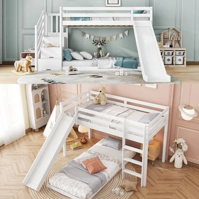 Bunk Bed Frame House with Stairs/Ladder and Slide Wood Kids Children Single Bed - Image 1 of 4