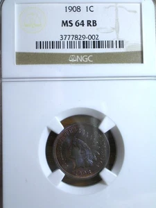 BEAUTIFULLY TONED DEEP PURPLE 1908 MS64RB INDIAN CENT - NGC - Picture 1 of 4