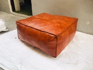 Natural Claasic Square Moroccan Ottoman Pouffe Boho Leather Footstool - Picture 1 of 6