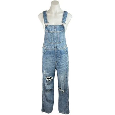 Mono con tirantes de mezclilla ajustable envejecido pierna recta dividida H&M talla 2 Foto 1 de 4