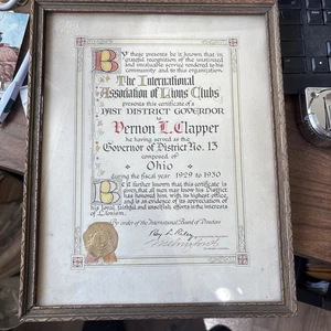 Vintage 1930 Lions Clubs International Past Governor Plakette Zertifikat signiert P - Bild 1 von 5