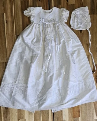 KARELA BabyGirl 100% Silk Christening Baptism Gown  3 Mo Dress & Bonnet Offwhite - Image 1 of 4