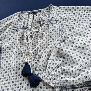 French Connection Boho Peasant Blouse XS White Blue Floral Patchwork Tassel Top - Picture 1 of 10