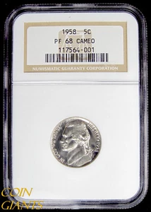 1958 PROOF Jefferson Nickel NGC PF 68 CAMEO Graded CAM Coin RARE Slabbed 5c  - Picture 1 of 2