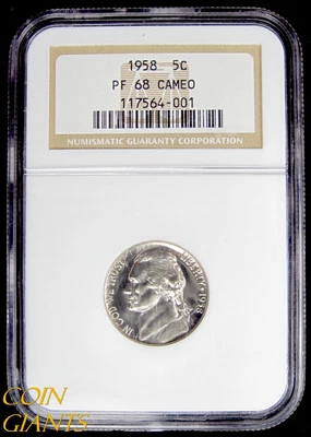 1958 PROOF Jefferson Nickel NGC PF 68 CAMEO Graded CAM Coin RARE Slabbed 5c  - Image 1 of 2