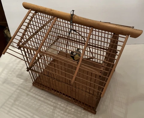 Vintage 1980s Wicker Wood Decorative Hanging Bird Cage W/Bird & Water Cup 17X13 Cover