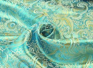 LUREX JACQUARD Stoff Brokat Paisley Kostüme Theater TÜRKIS GOLD EUR 16,98/m - Bild 1 von 3